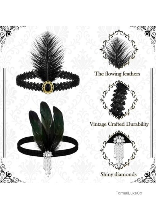 48 Pack 1920s Flapper Headbands Ostrich Feathers Sequins Rhinestones, Stretchy, main image 5